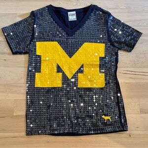 Vintage-Y2K-Victorias Secret Pink-University Of Michigan AOP Sequin T-Shirt-Rare